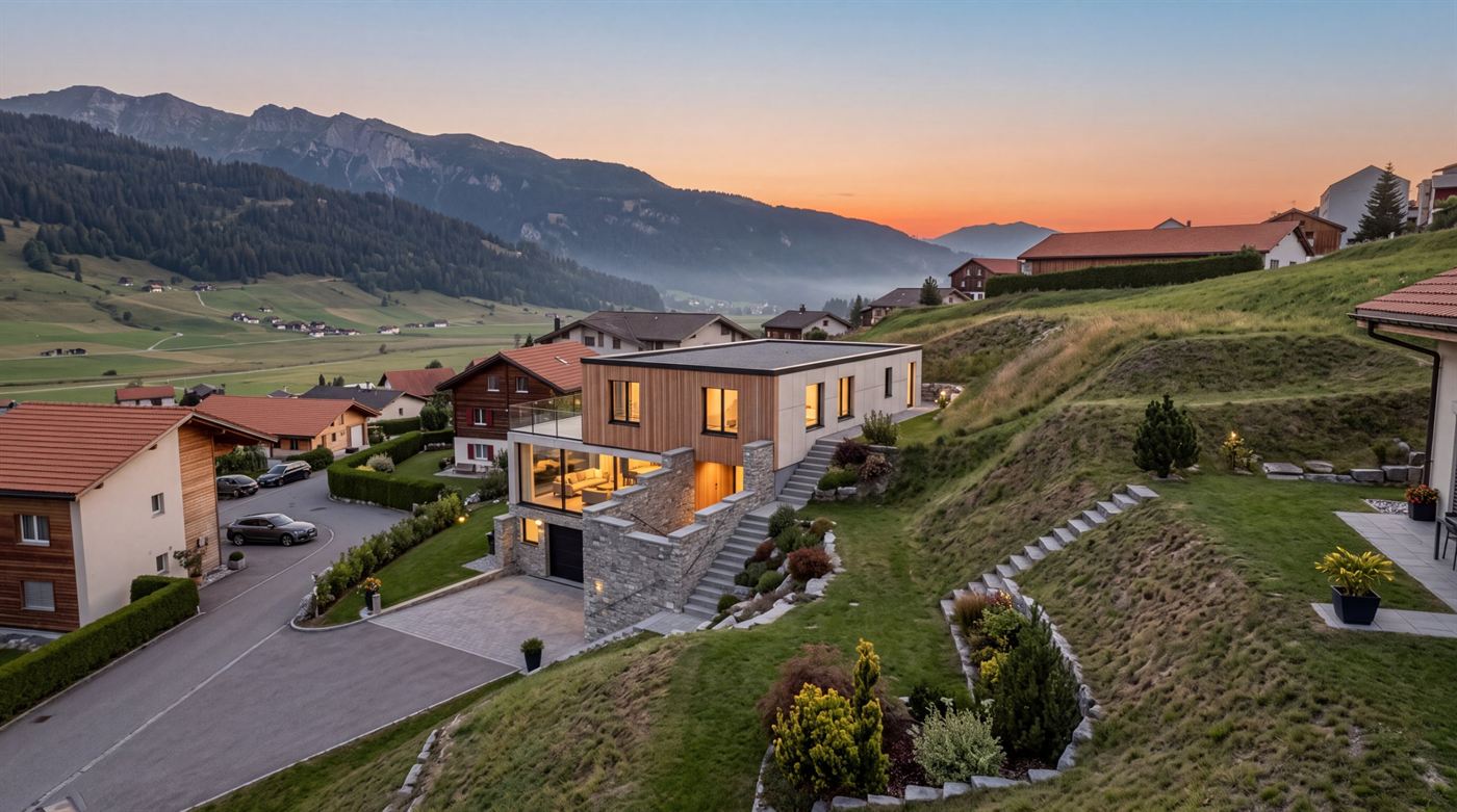 Haus am Hang mit Holzfassade über einem Bergtal bei Sonnenuntergang