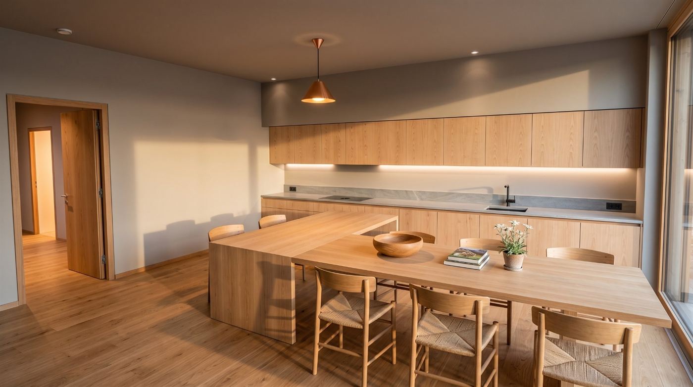 Offene Küche mit Esstisch aus Holz im Abendlicht