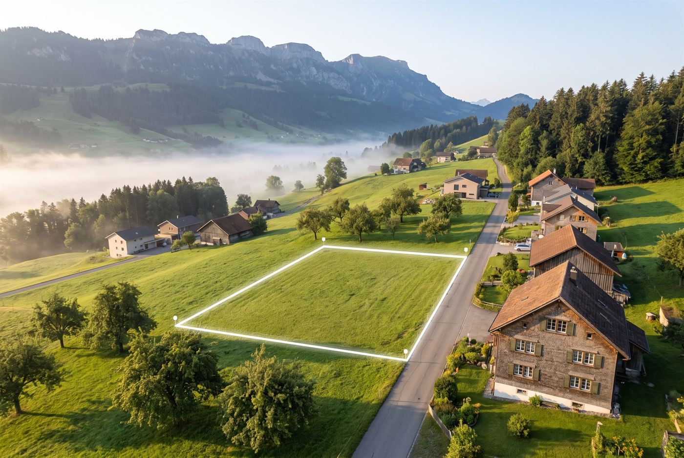 Luftbild einer Wiese am Hang mit eingezeichneter Parzellengrenze